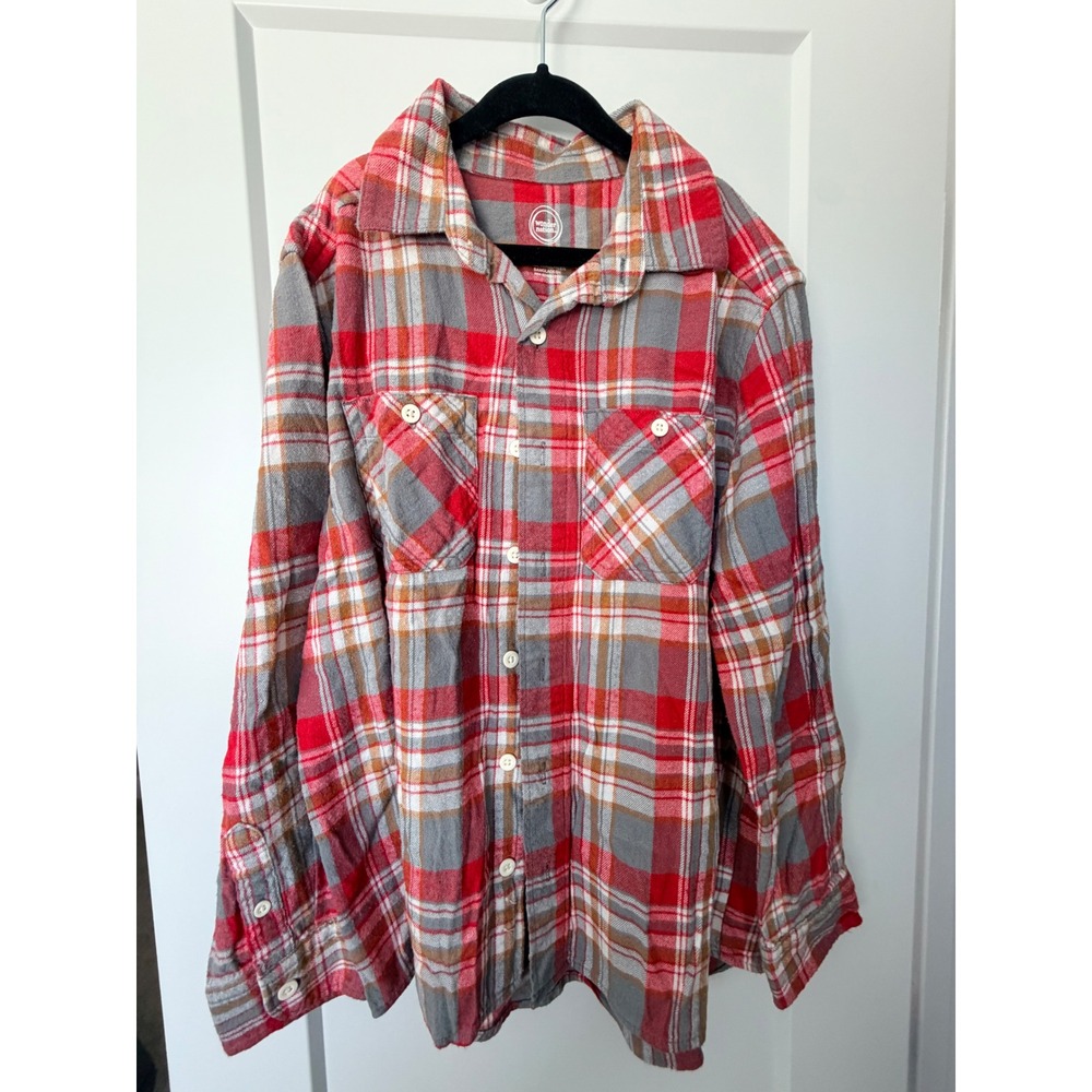 Wonder Nation Boys Flannel Shirt Red Grey Plaid Long Sleeve Size L 10-12_149